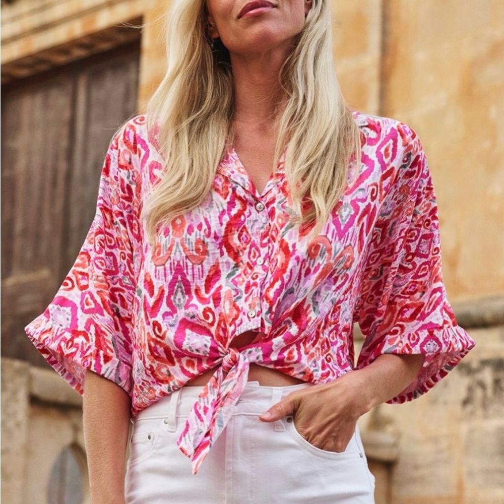 ESQUALO Pink and White Flutter Sleeve Blouse with Tie Front